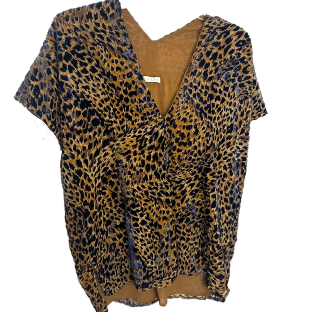 Karlie Small V Neck Tunic navy velvet cheetah animal  print on brown top